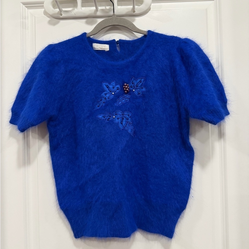 Vintage blue angora-blend knit sweater with beaded‎ embellishments